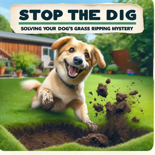 A charming image featuring a friendly dog caught in the act of digging up a small section of lush green lawn